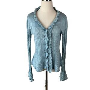 Vintage Y2K Chenille Knit Button Up Ruffle Cardigan Sweater size M Blue Cottage